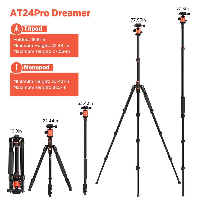 GEEKOTO جهاز تريبود GEEKOTO 77 بوصة، تريبود كاميرا DSLR، تريبود ألومنيوم مدمج مع رأس كروي بزاوية 360 درجة وقدرة تحميل 8 كجم للسفر والعمل - Image 2
